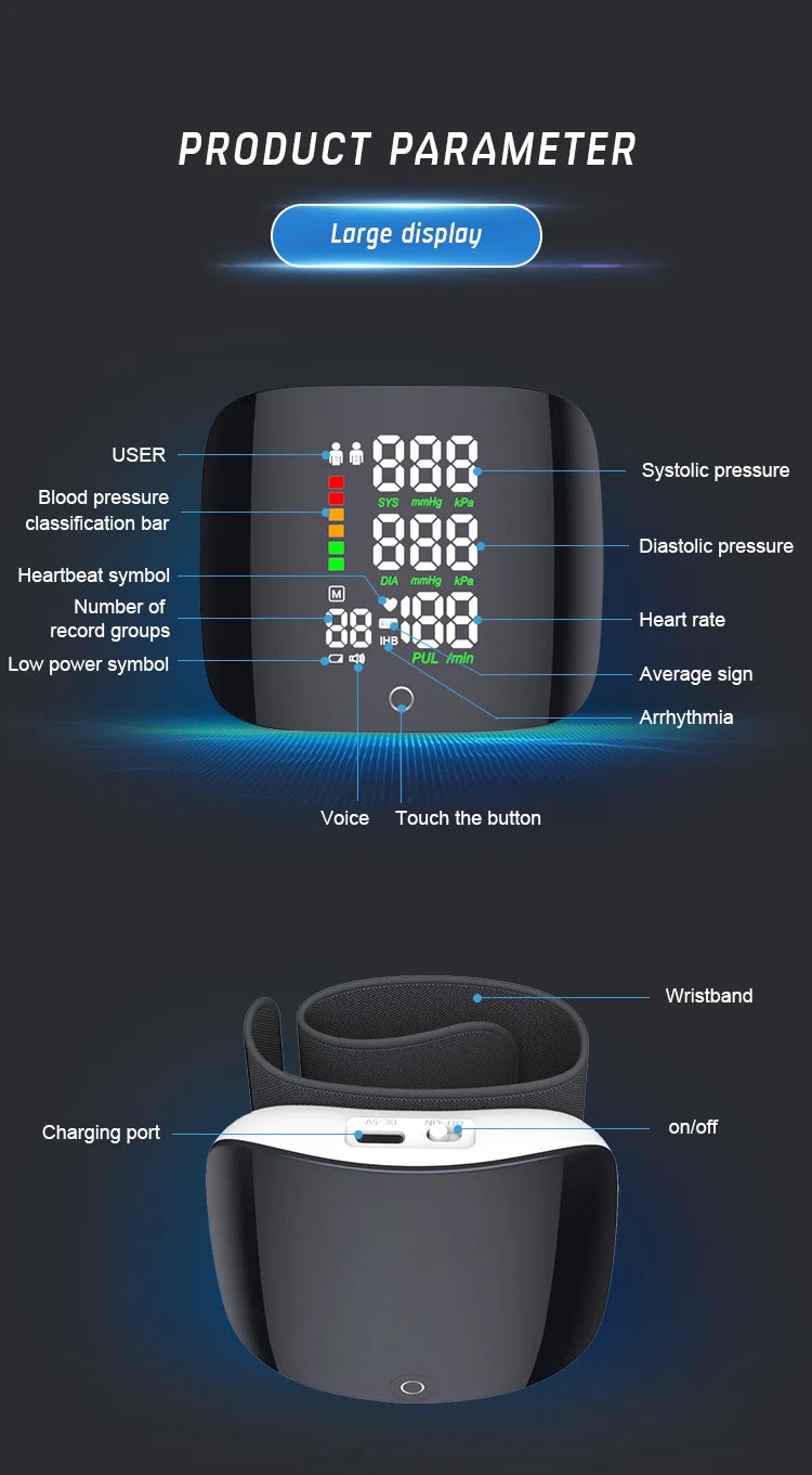 Rechargeable Smart LCD Voice Wrist Blood Pressure Monitor