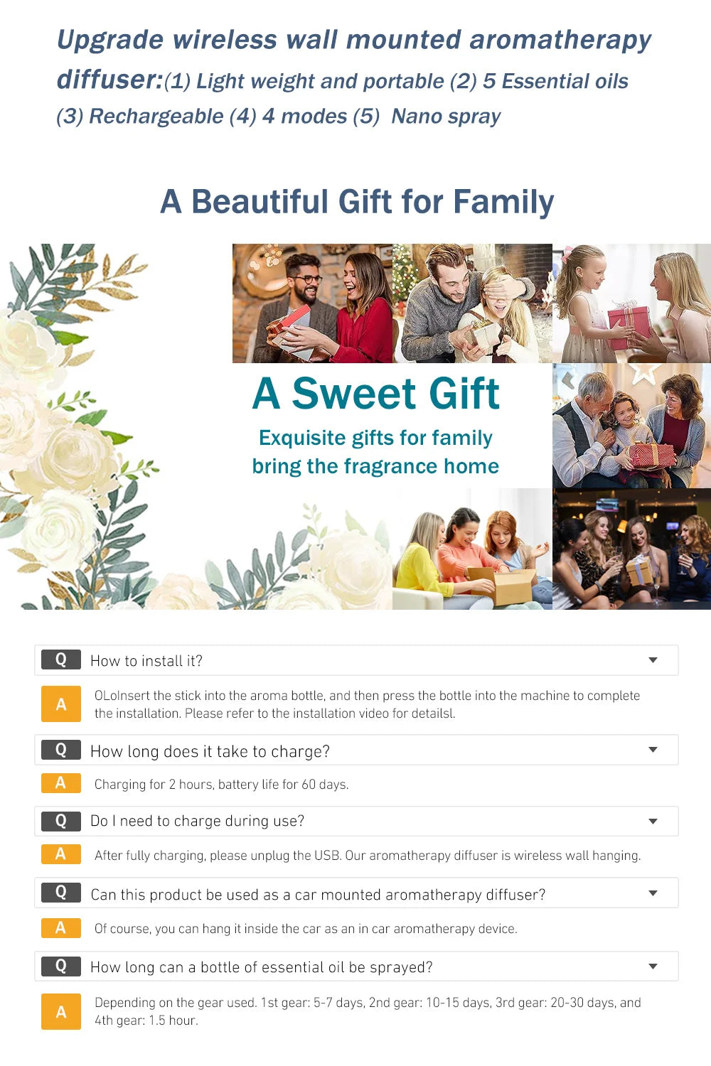 Rechargeable Portable Aroma Diffuser with Timed Spray Modes