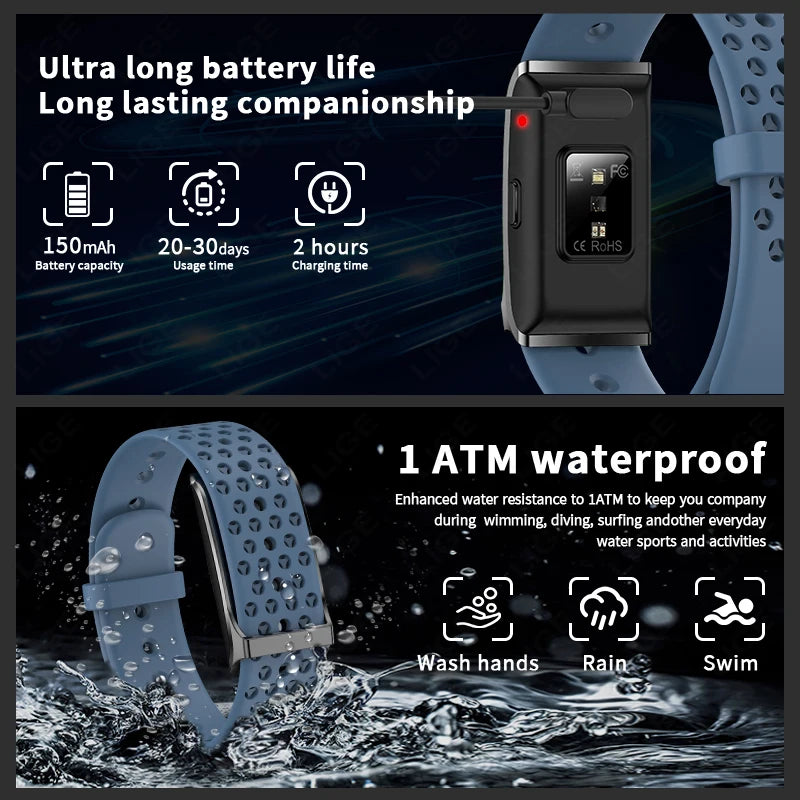LIGE 2025 No Screen Smart Bracelet Heart Rate Blood Pressure Fitness Tracker