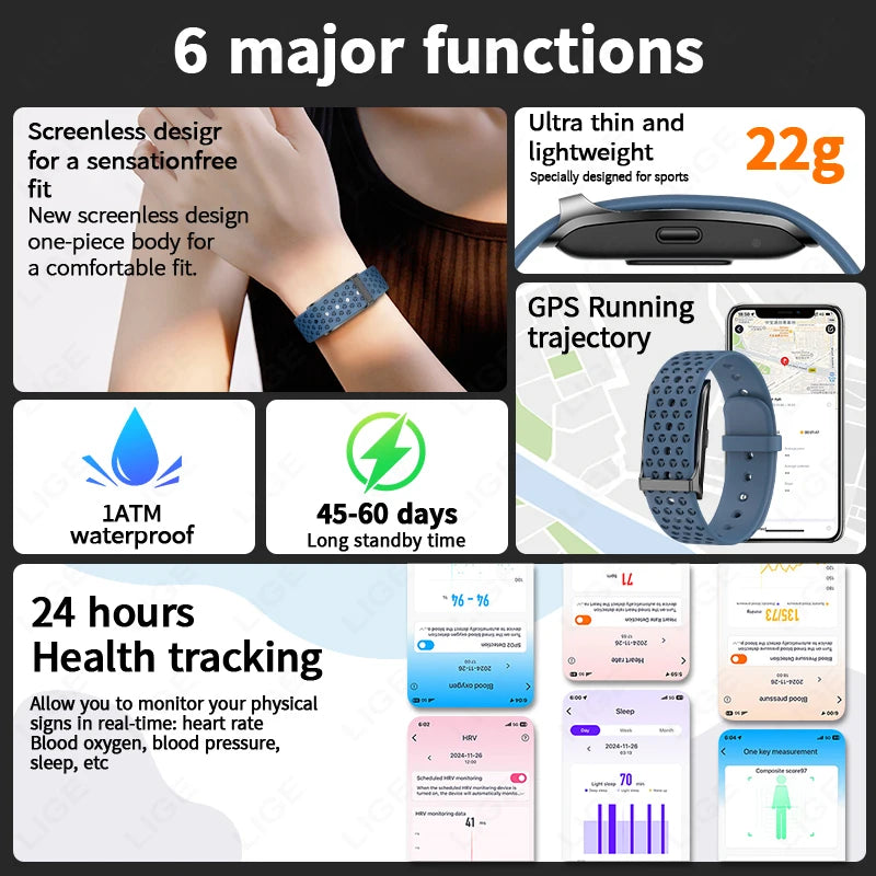 LIGE 2025 No Screen Smart Bracelet Heart Rate Blood Pressure Fitness Tracker